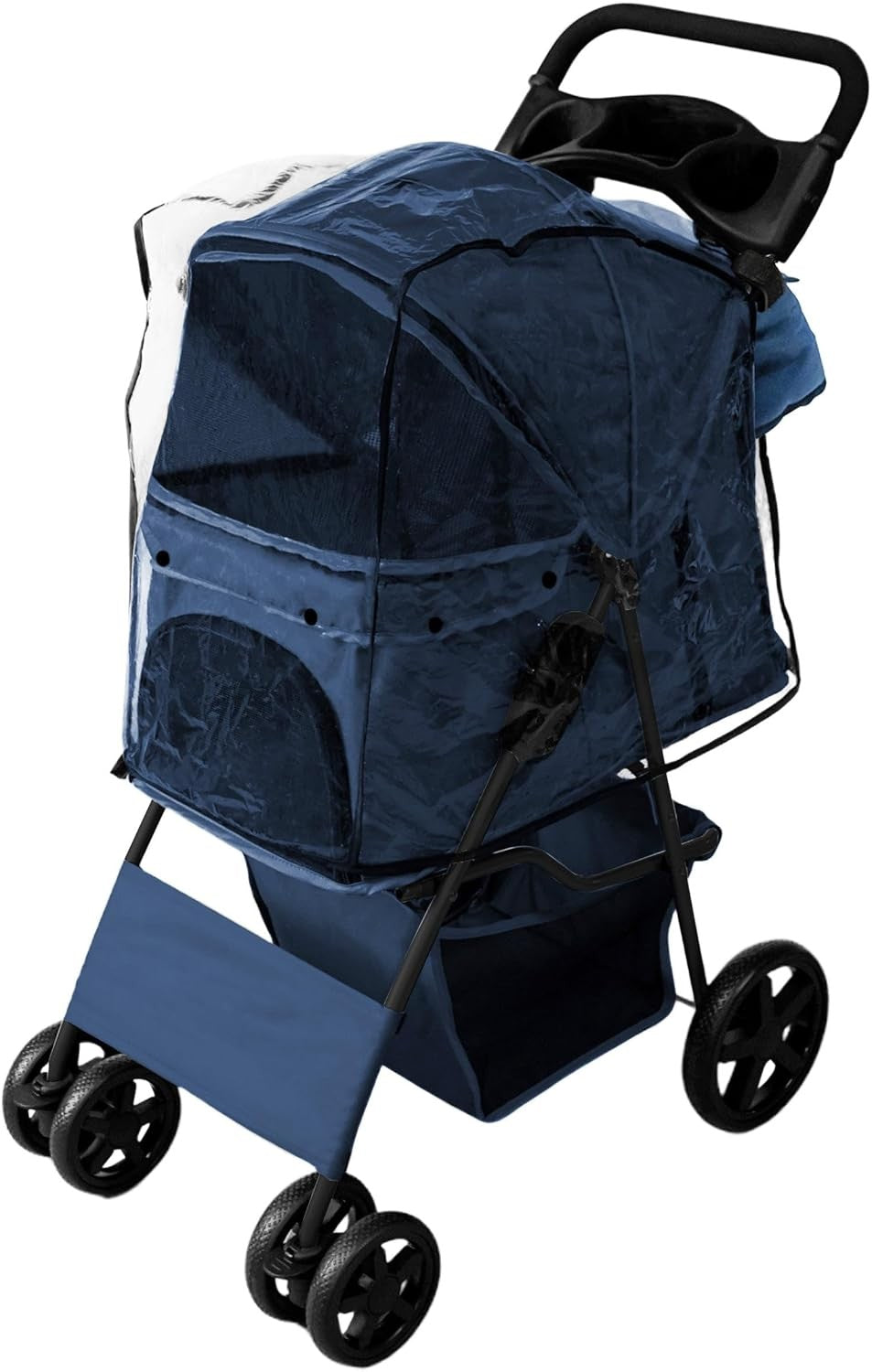 Blue Pet Stroller Pushchair with Caddy Bag Foldable 15kg Travel Pram