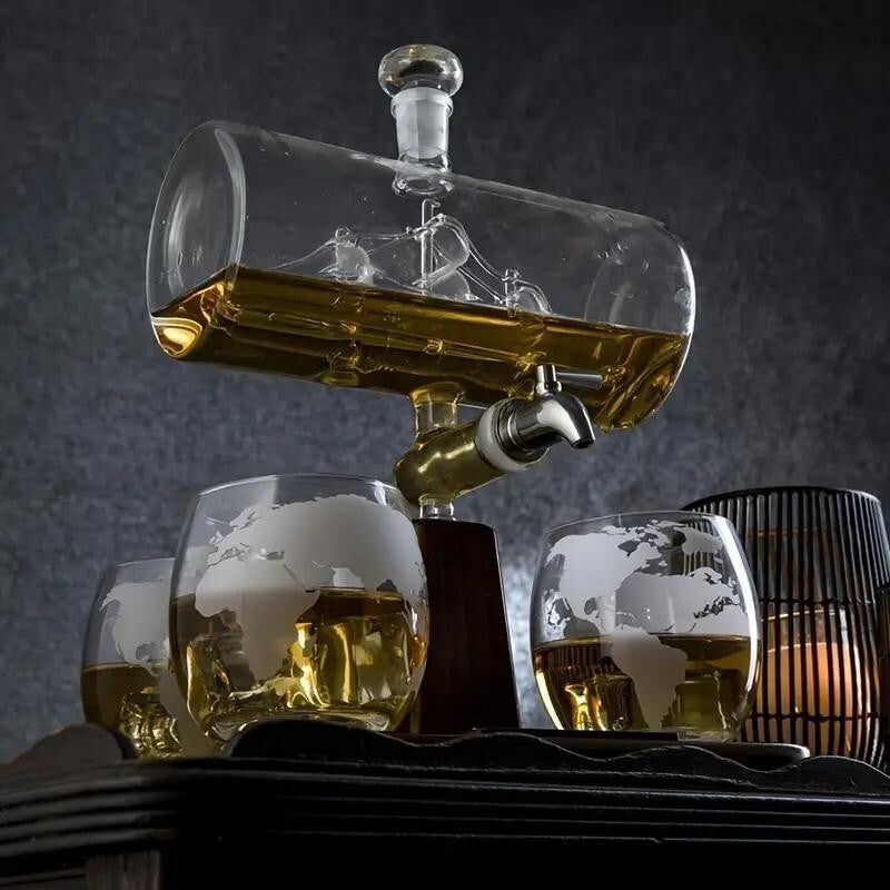 Luxury Globe Whiskey Decanter Set w/ Tap & 4 Glasses Bar Gift Home Party
