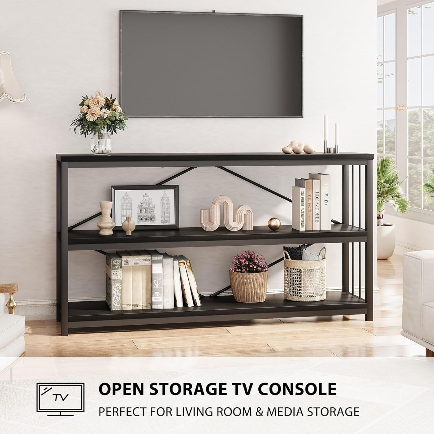 Modern Black Console Table with 3-Tier Storage, Industrial Metal Frame, 140cm