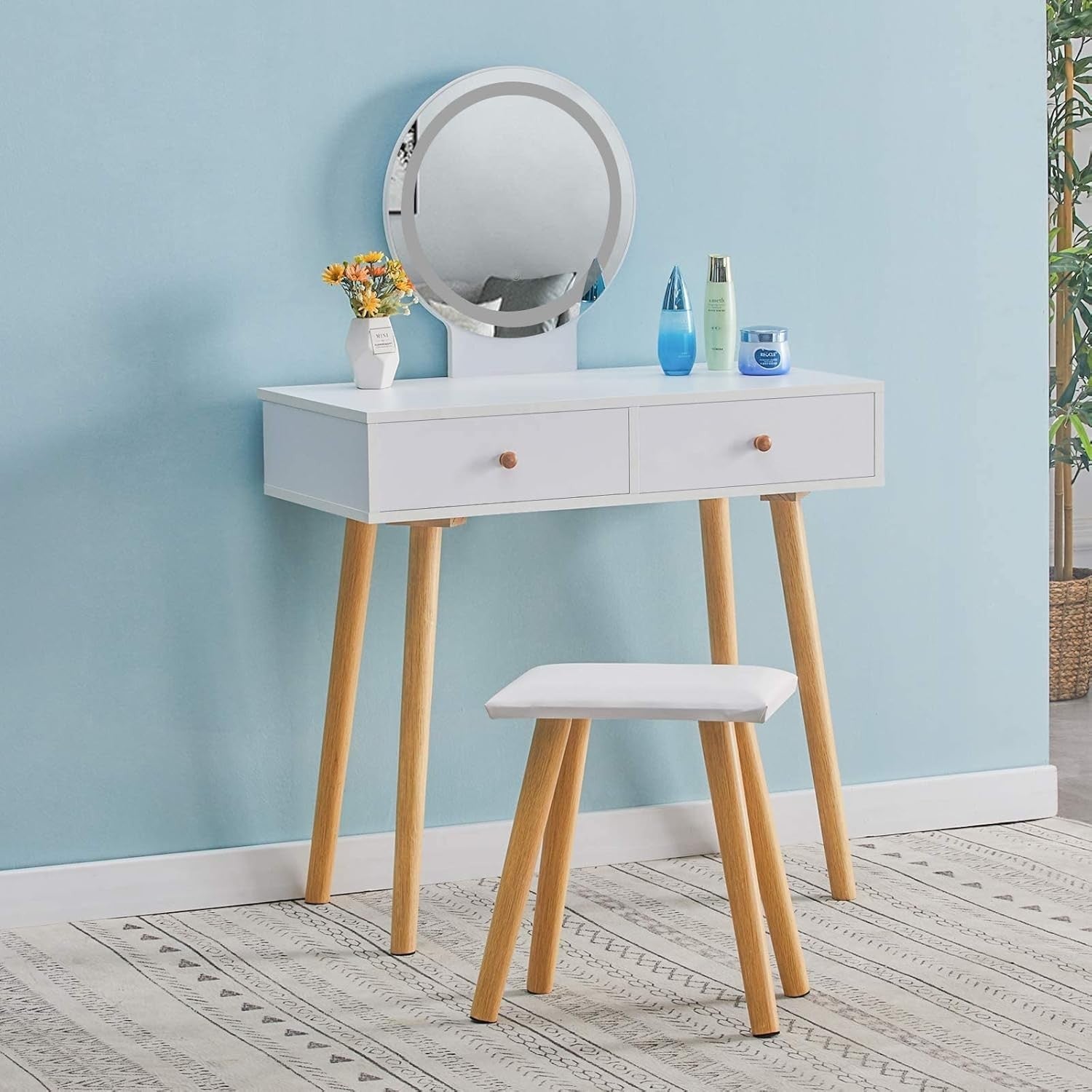 Modern Dressing Table Vanity Set LED Mirror Stool White Wood 2 Drawer Makeup Des