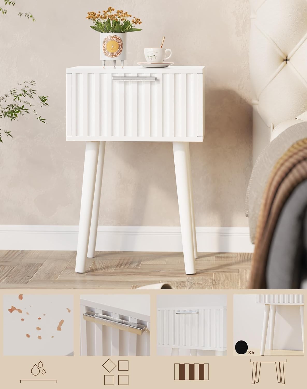 Set of 2 White Fluted Bedside Tables – Modern Nightstands with Drawer & Tall Leg