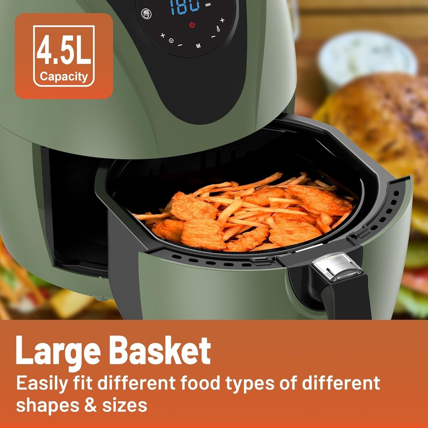 4.5L Digital Air Fryer | 1400W Oil-Free Cooking | 7 Presets | Sage Green