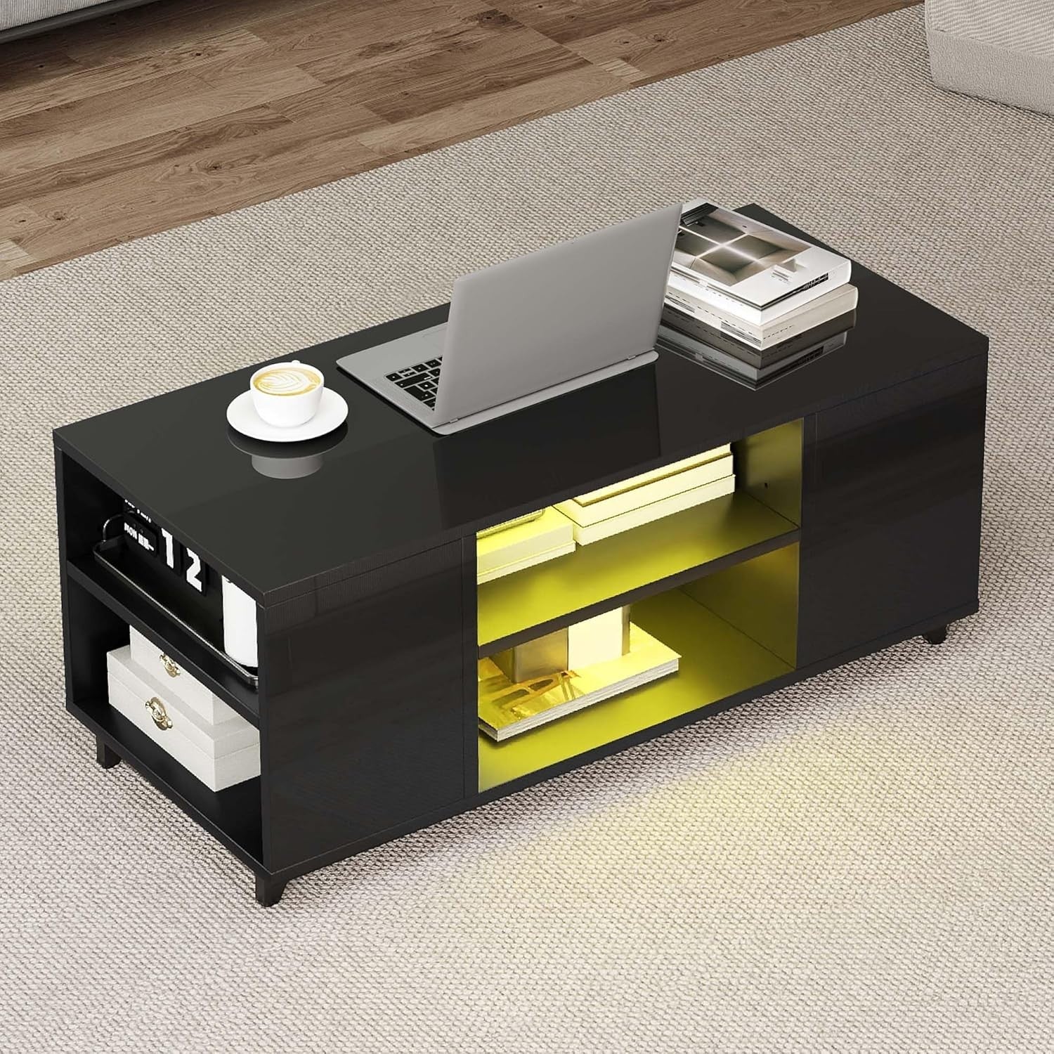 High Gloss Black Coffee Table with Storage & RGB LED Light, 97.5x48x45cm