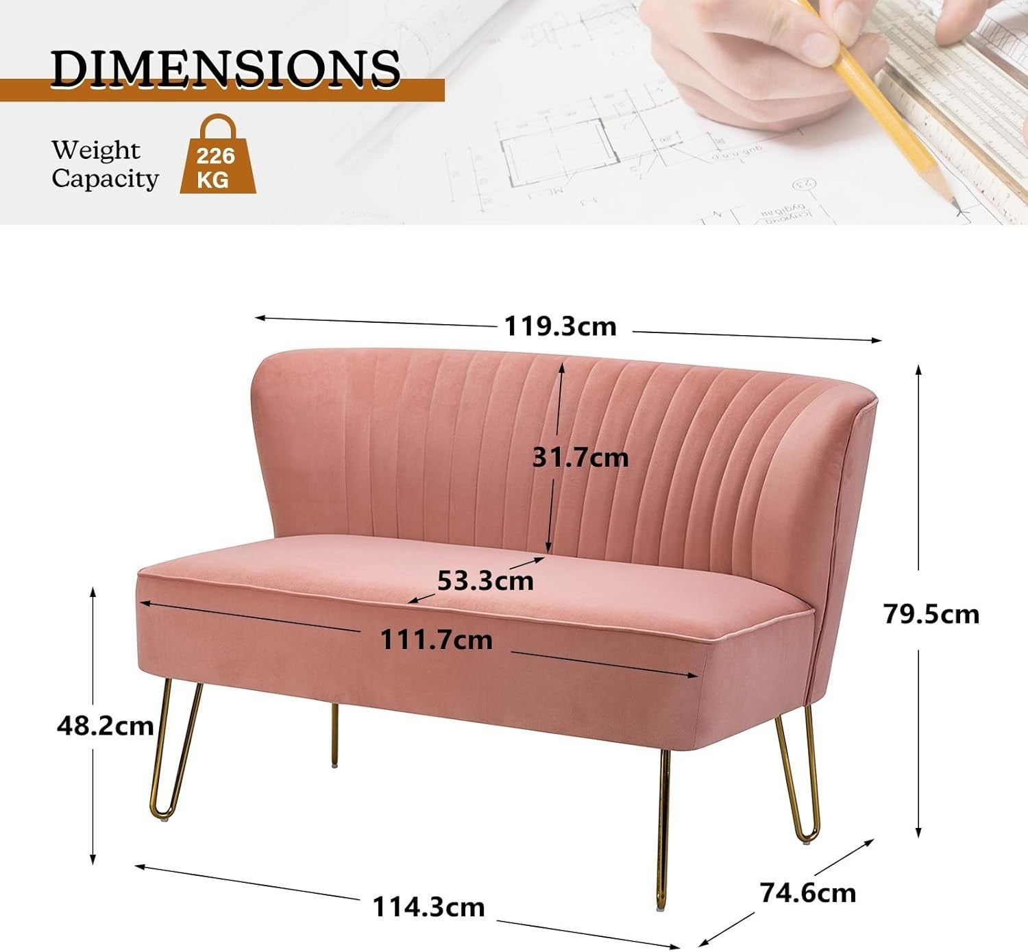 Pink Velvet 2 Seater Sofa with Gold Legs Compact Loveseat for Lounge Flat