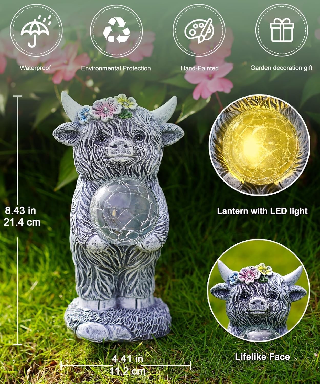Solar Highland Cow Garden Ornament with LED Ball – Waterproof Outdoor Statue