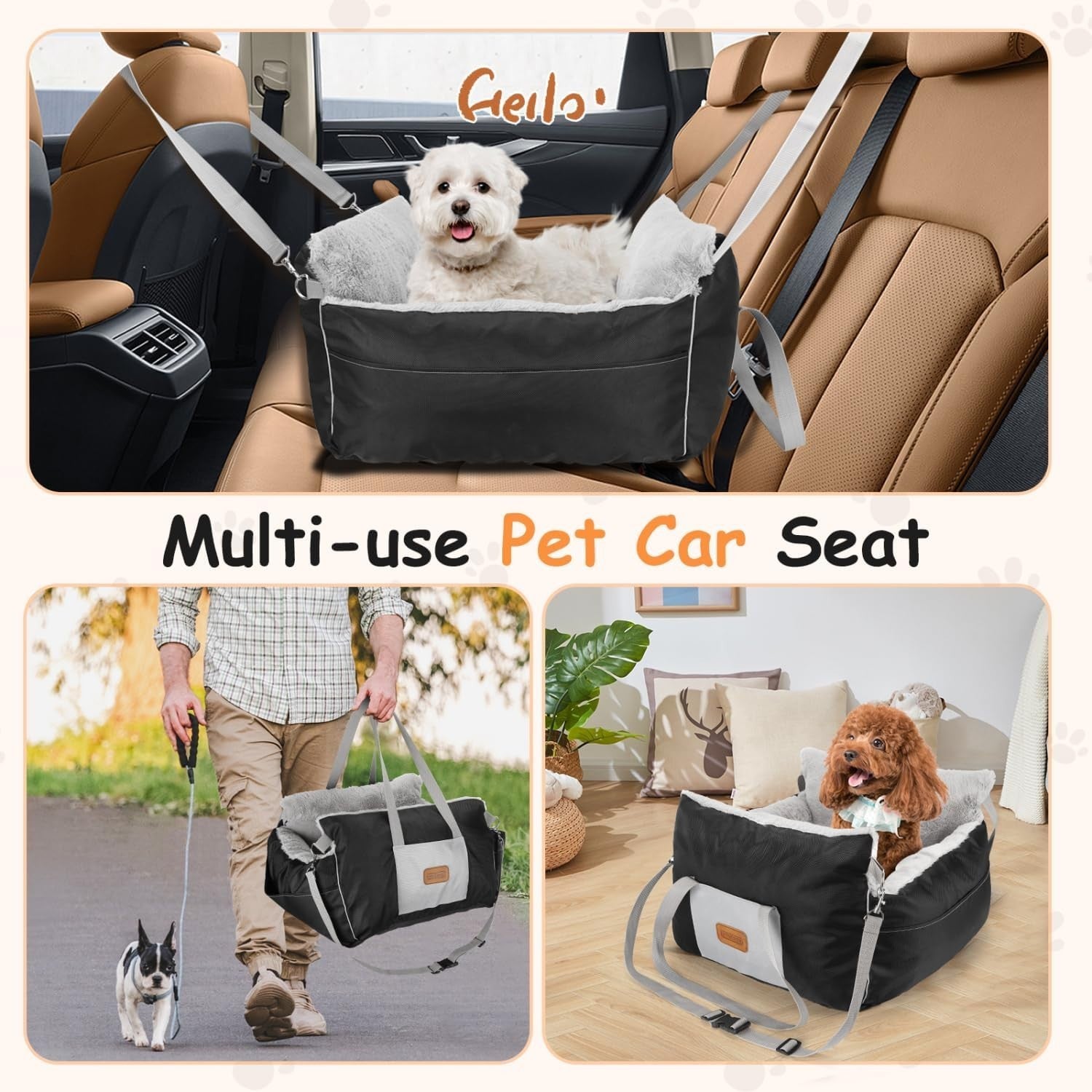 Waterproof Dog Booster Car Seat Plush Travel Bed w Safety Leash