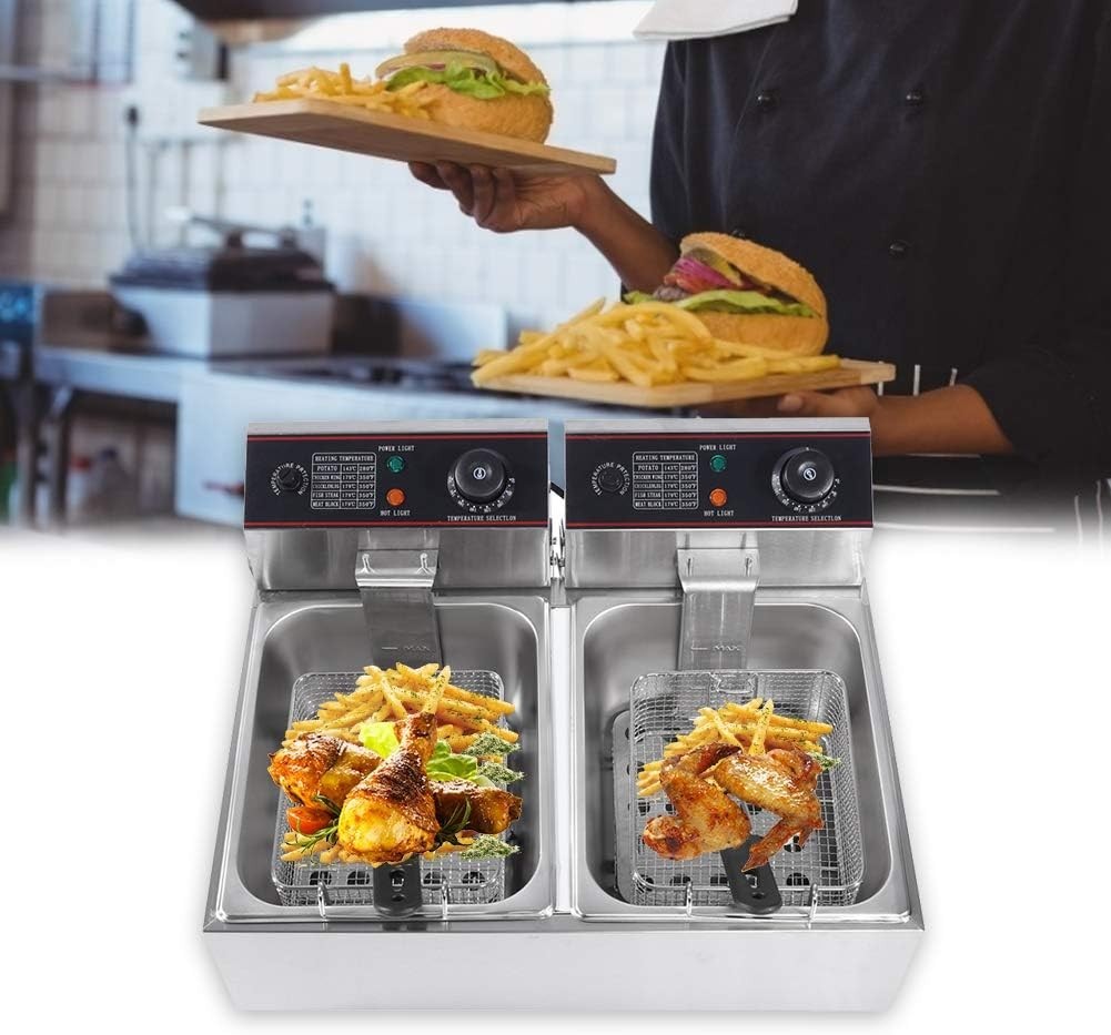 Commercial Double Deep Fat Fryer 12L 3000W Stainless Steel Dual Tank