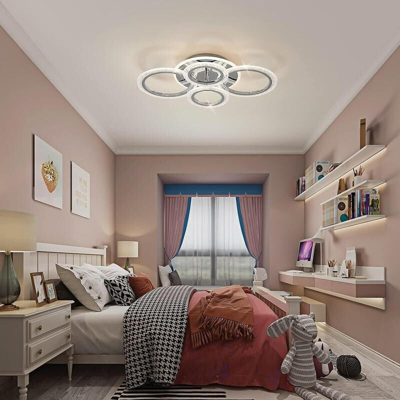 Modern 4-Ring LED Ceiling Light 58W Dimmable Remote Chrome Flush Mount