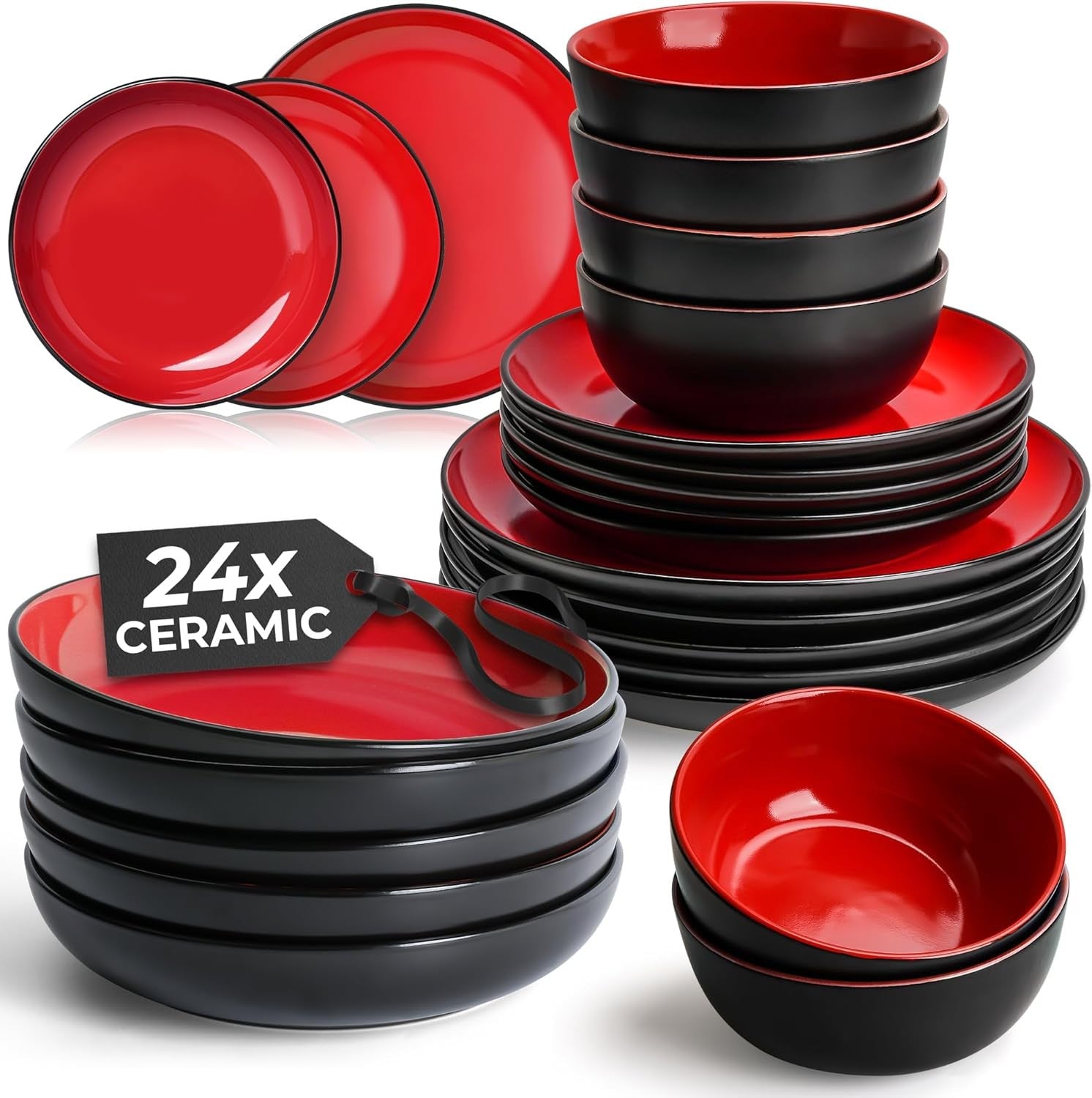24pc Stoneware Dinner Set Red Plates Bowls Service for 6 Dishwasher Safe