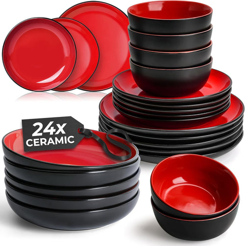 24pc Stoneware Dinner Set Red Plates Bowls Service for 6 Dishwasher Safe