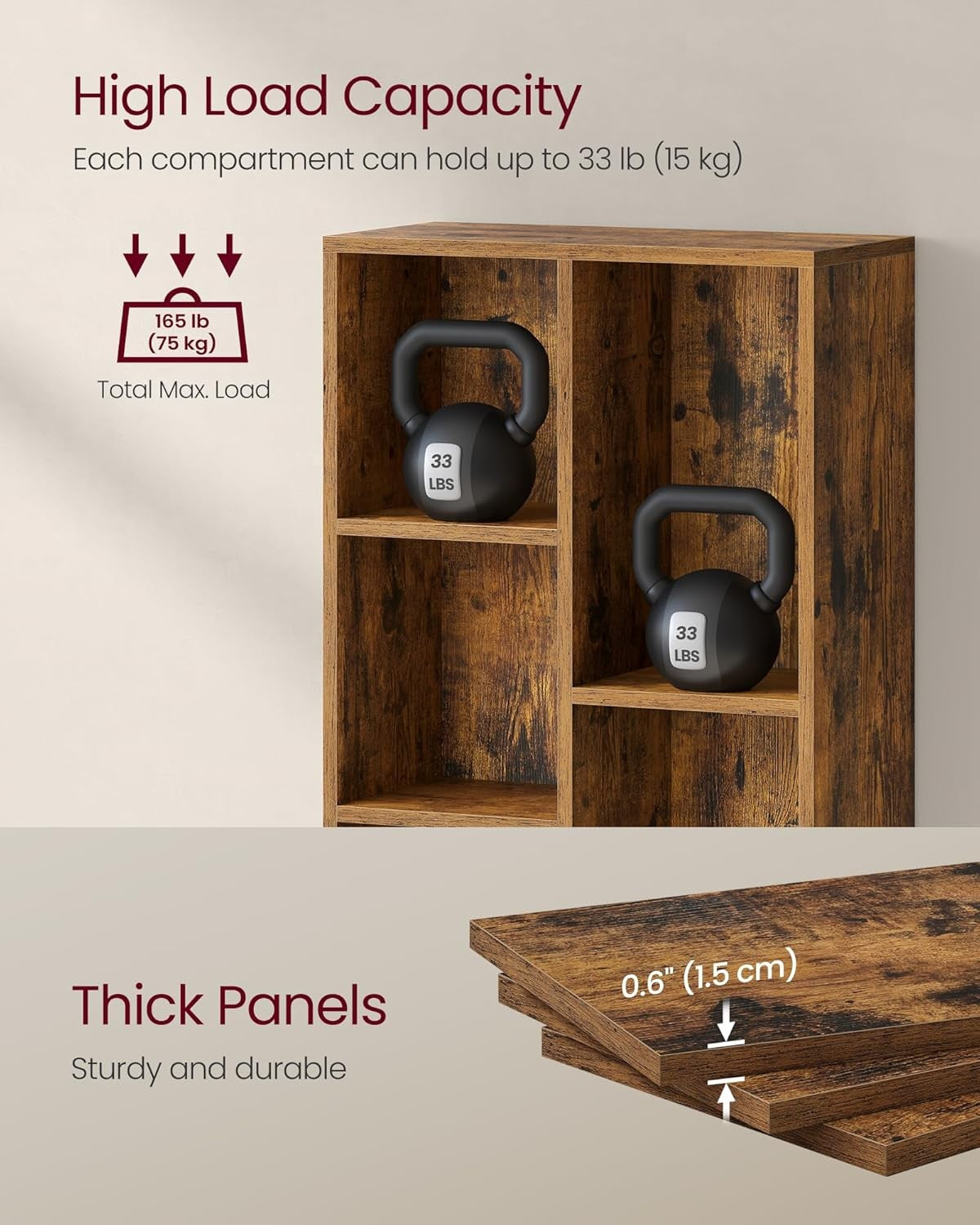 5-Compartment Rustic Bookshelf | Modern Cube Storage Shelf for Home Office