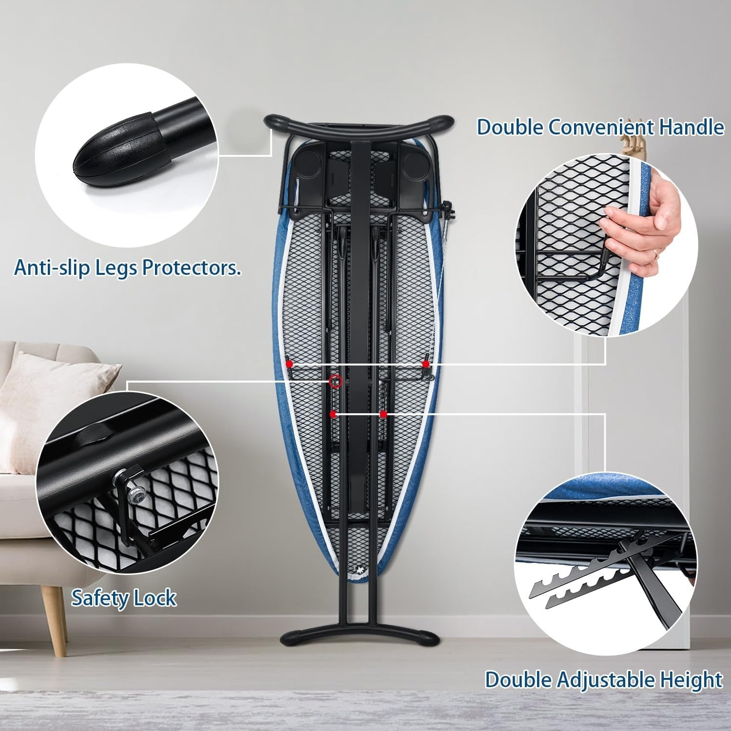 Extra Wide Ironing Board with Sleeve Board Adjustable Height Foldable Blue