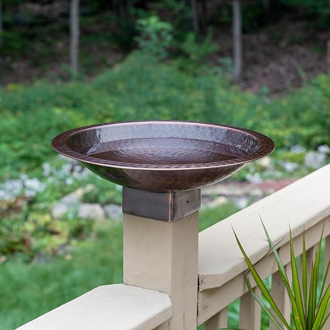 14" Hammered Copper Bird Bath Bowl – Outdoor Garden Feeder for 4x4 Post