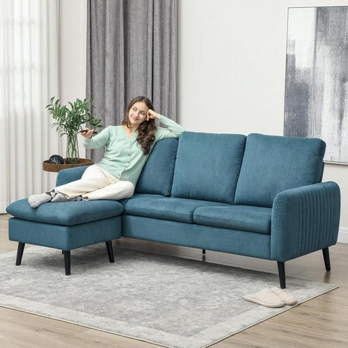 3 Seater Corduroy Sofa w/ Chaise Lounge L Shape Couch Reversible Blue