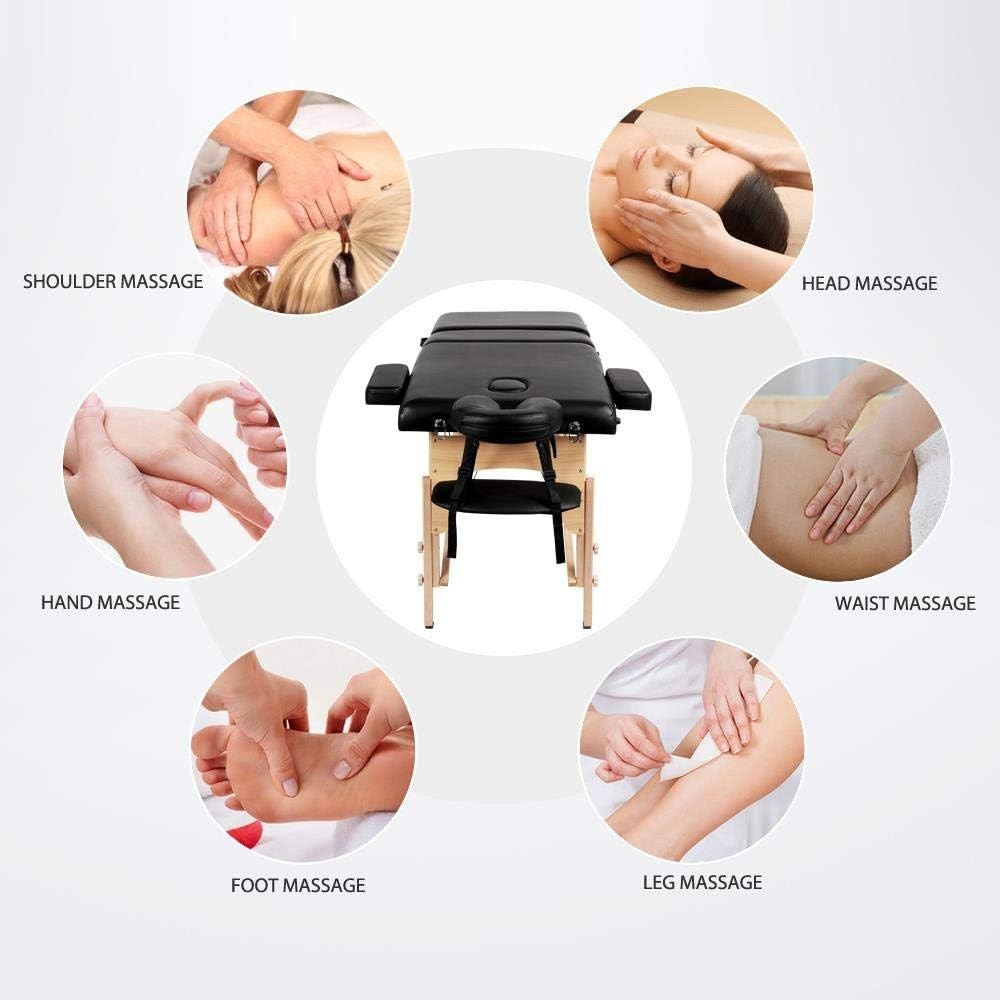 60cm 3-Section Portable Massage Table | Foldable Wooden Lash Beauty Bed Black