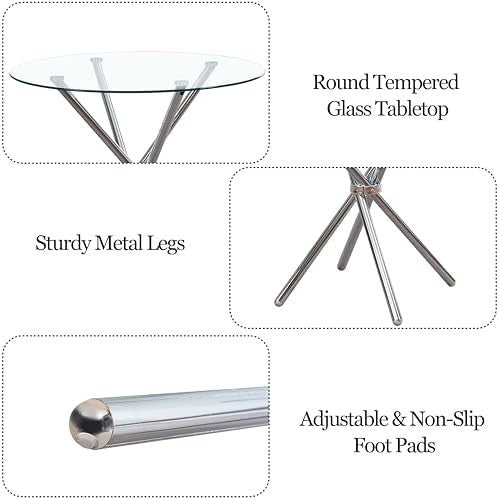 Round Glass Dining Table 90cm Silver Tempered Metal Legs Modern