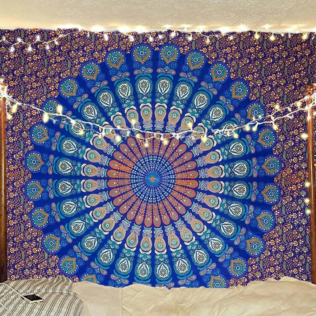 Blue Floral Mandala Tapestry 84x92in Queen Boho Wall Hanging Cotton