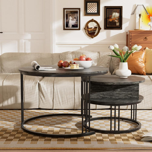 Round Nesting Coffee Table Set Lift Top Storage Glass Top Charcoal Black