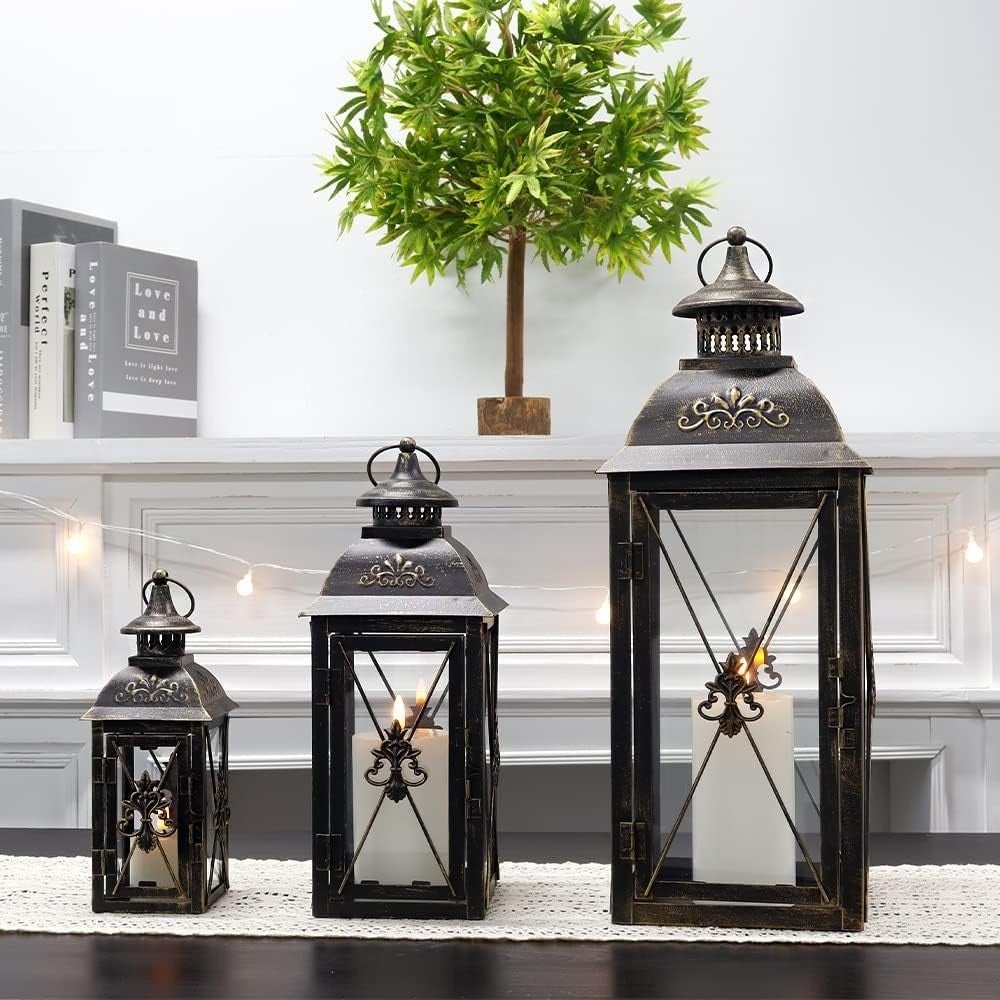 Black Gold Lantern Set of 3 Vintage Metal Candle Holders