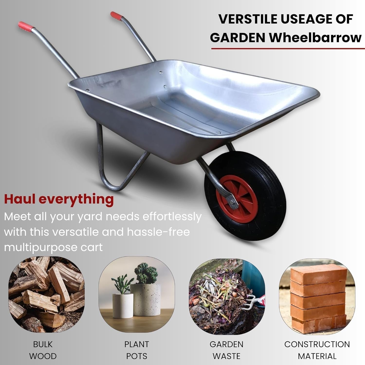 65L Silver Wheelbarrow – Galvanised Steel Tub w/ Air Tyre & Grip Handles 60kg