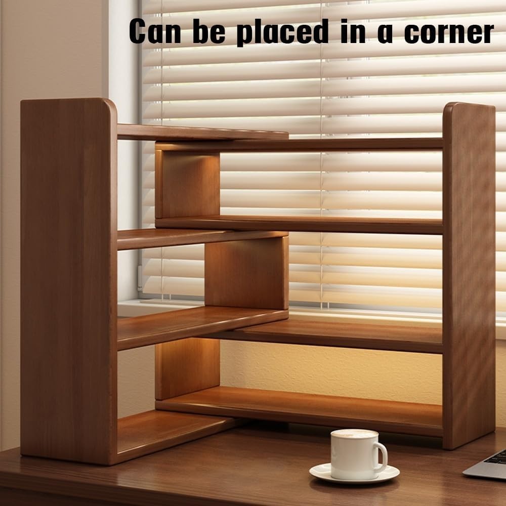 Expandable 3-Tier Wood Desktop Bookshelf | Adjustable Brown Desk Storage 30–60cm