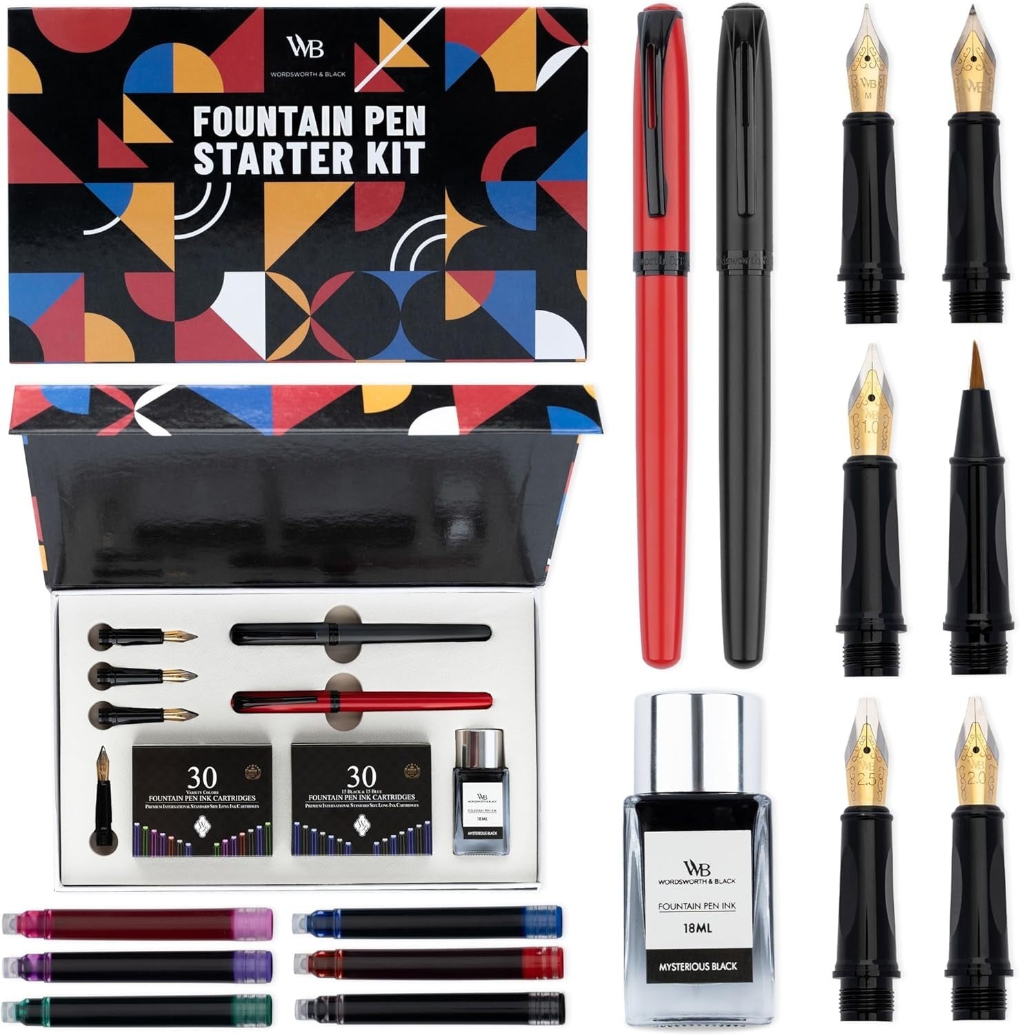 Red & Black Calligraphy Fountain Pen Set 2 Pens Ink Cartridges Gift