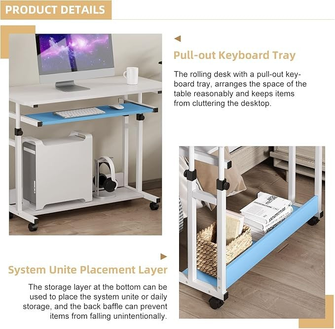 Rolling Study Desk White with Keyboard Tray Height Adjustable Work Table