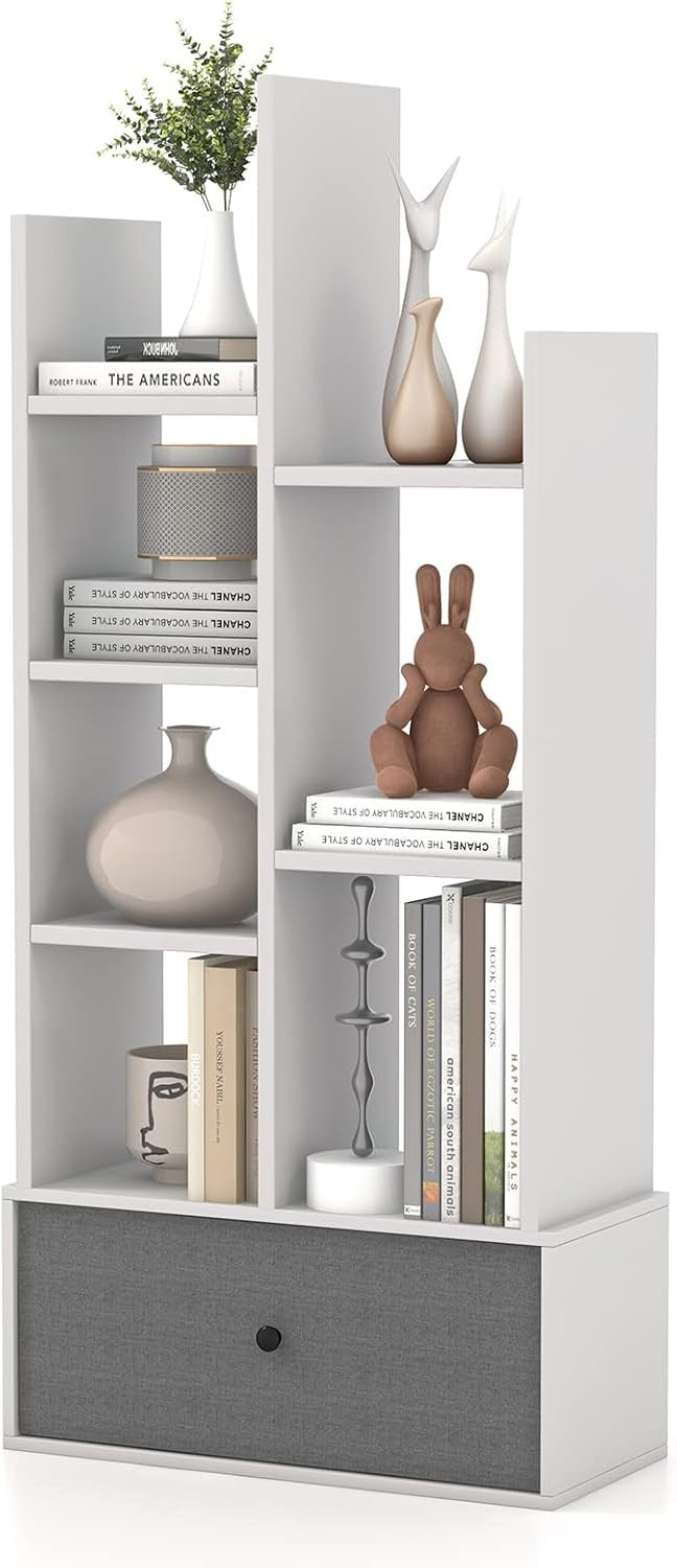 7-Tier White Wooden Bookshelf with Folding Drawer, Space-Saving Storage