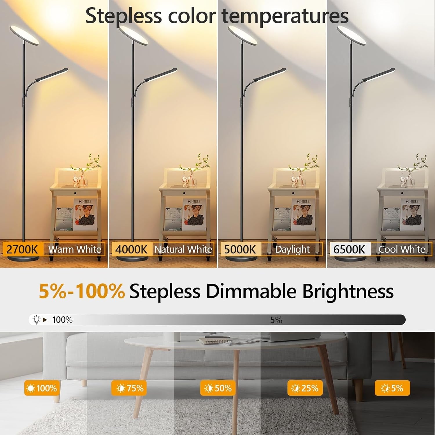 Dimmable LED Floor Lamp with Reading Light Remote Touch Modern Standing