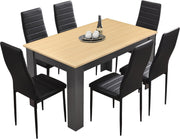Dining Table Set with 6 Black Leather Chairs - 140x80cm Wooden Modern Design