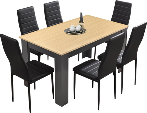 Dining Table Set with 6 Black Leather Chairs - 140x80cm Wooden Modern Design