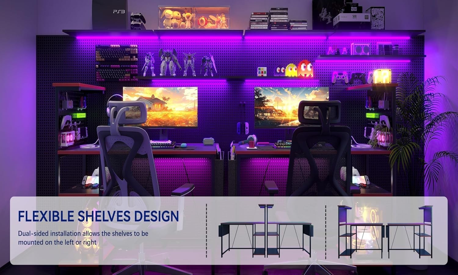 Gaming Desk 100x50cm w/RGB LED, Power Hub, Pegboard & Reversible Shelf Black