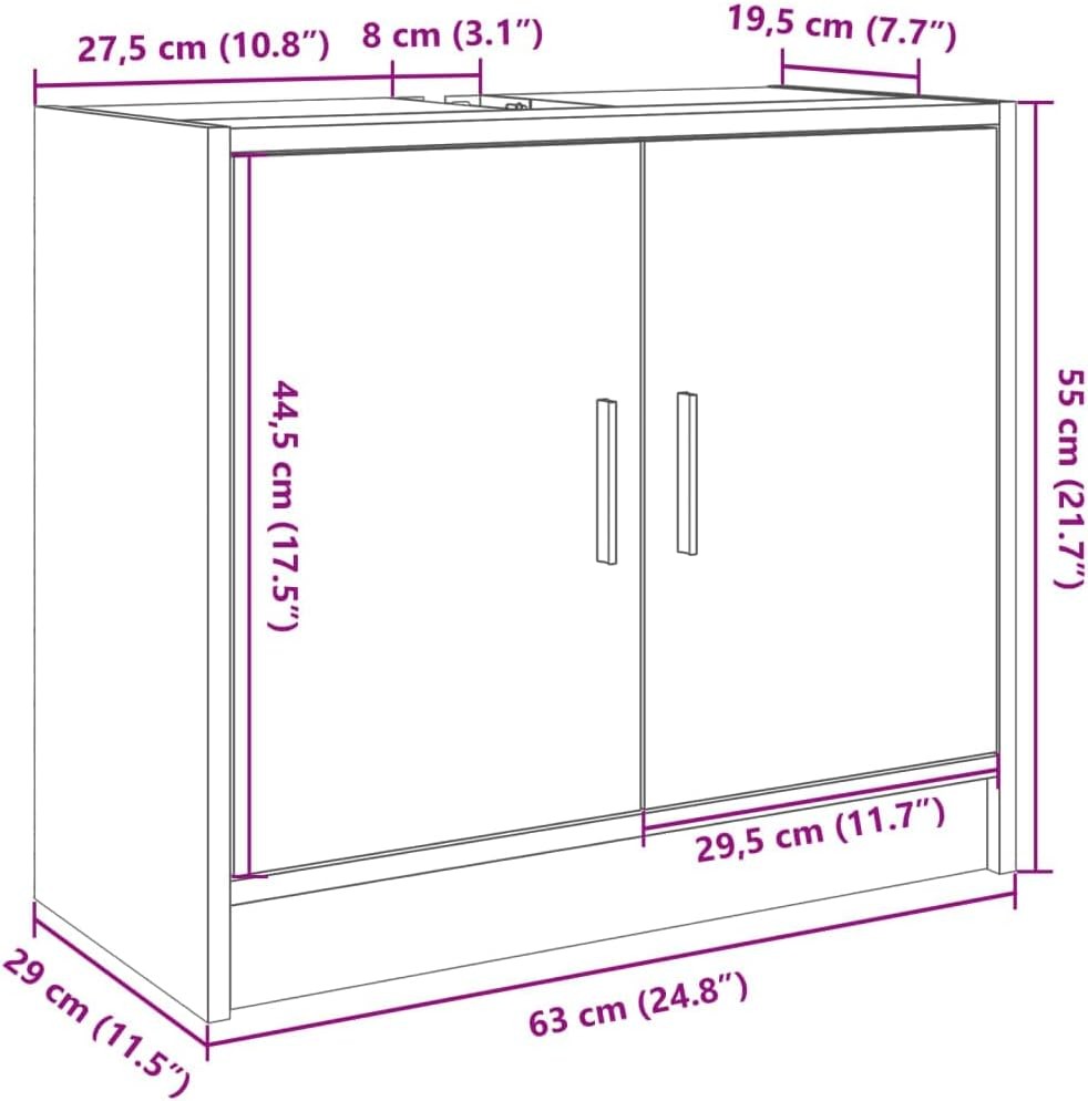 Modern Bathroom Sink Cabinet Grey Sonoma – 2 Door Under Sink Storage Unit 63x55c