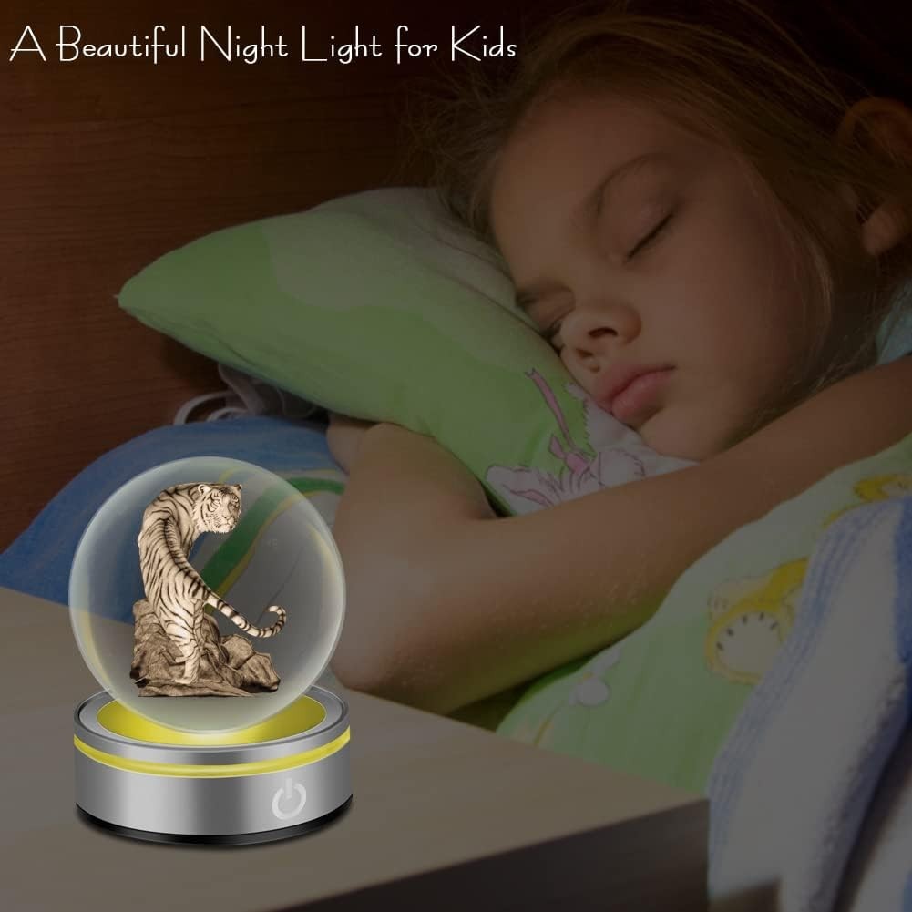 3D Tiger Crystal Ball LED Light • Laser Engraved White Tiger Ornament