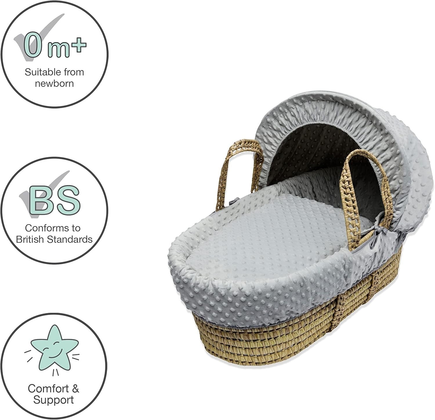 Embroided  Wicker Moses Basket Adjustable Hood Rocking Stand Dimple Grey Brown