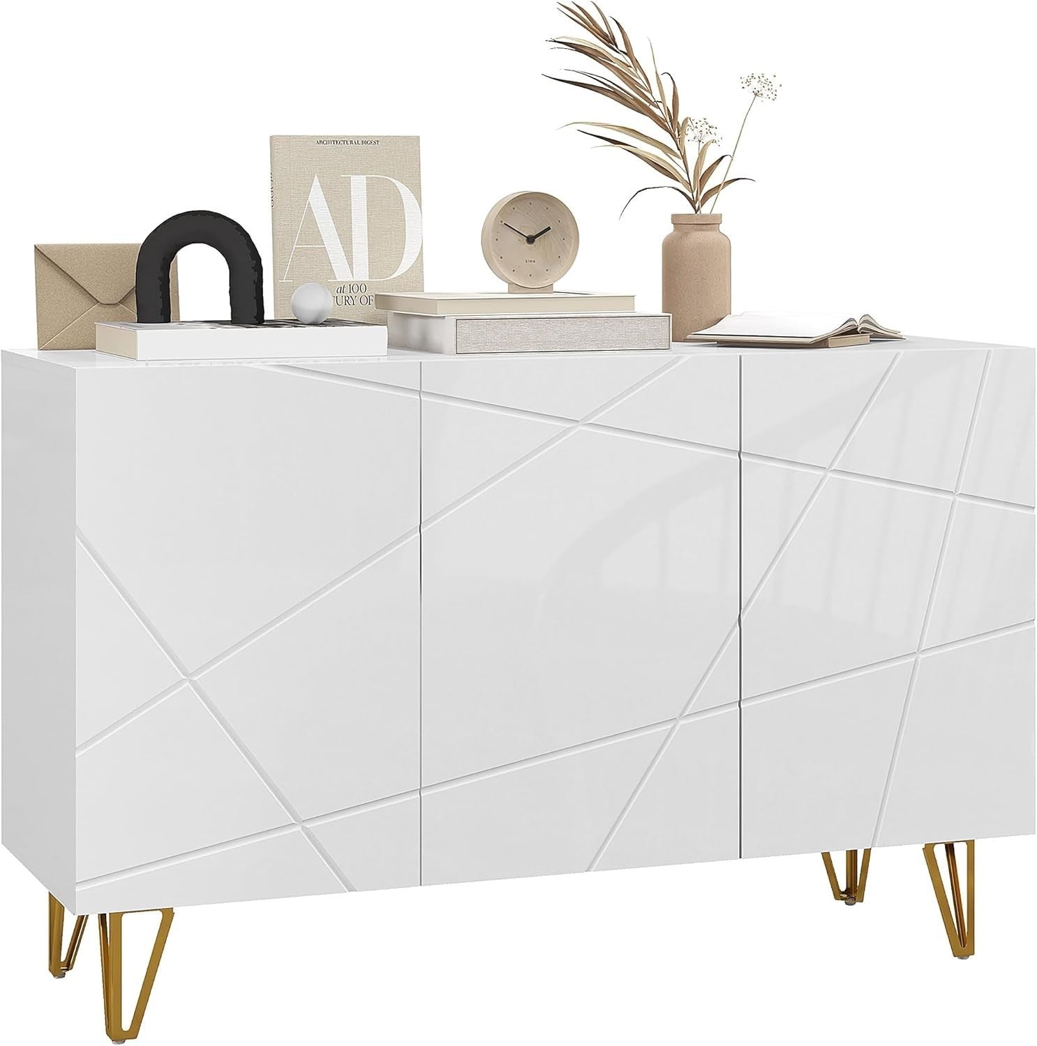 High Gloss Sideboard Cabinet White Gold Legs Modern Storage Unit 120cm