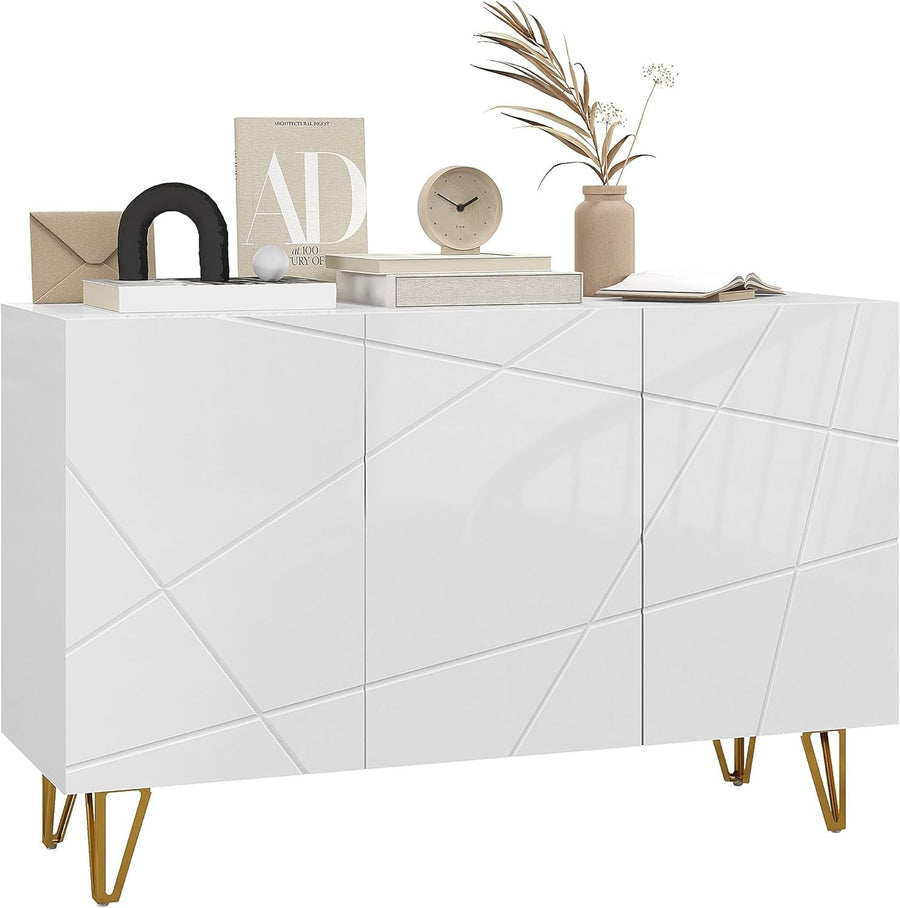 High Gloss Sideboard Cabinet White Gold Legs Modern Storage Unit 120cm