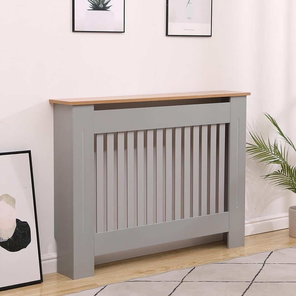 Grey Oak Radiator Cover Wooden Slatted Grill Cabinet Shelf 112x19x82cm