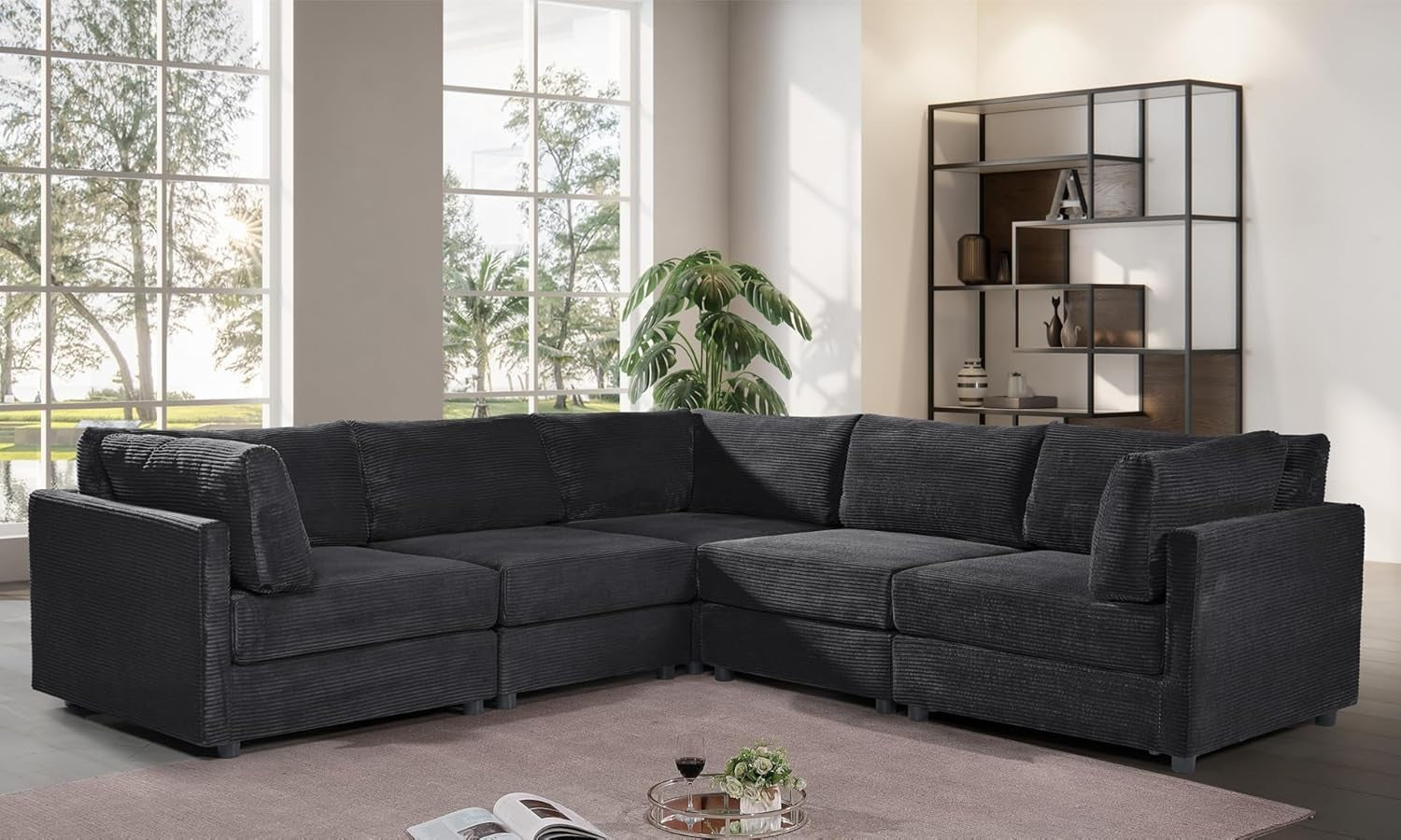 Black Jumbo Cord Modular 5 Seater L Shaped Sofa – Removable Covers