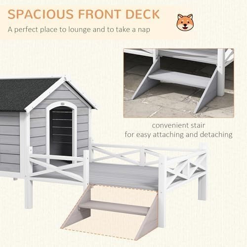Outdoor Wooden Dog House with Porch, Ladder & Window, Weatherproof Shelter