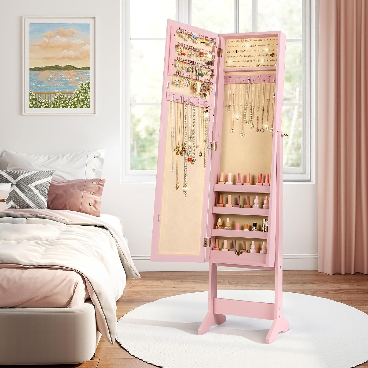 Full Length Mirror Jewelry Cabinet Freestanding Armoire Large Storage
