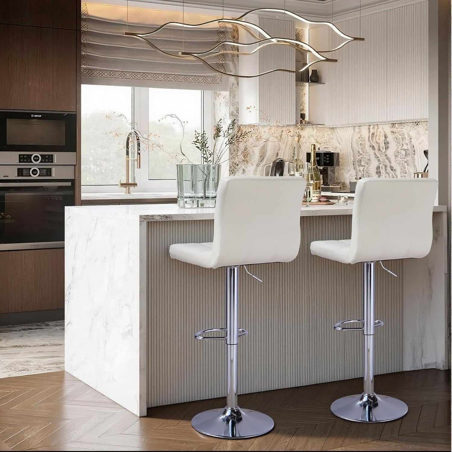 Beige Swivel Bar Stool Adjustable Height Gas Lift Modern Armrest Design