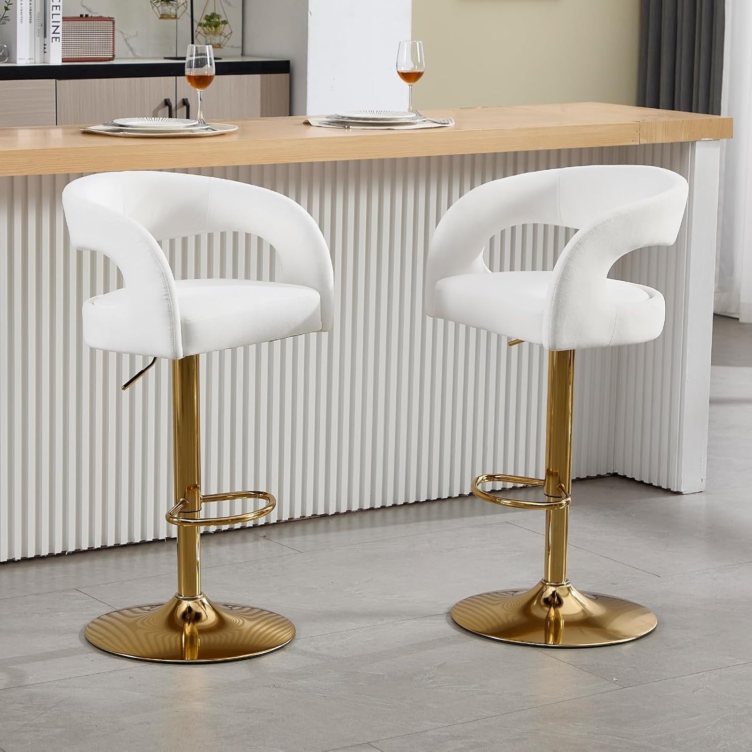 Adjustable White Velvet Bar Stools Set of 2 Swivel Kitchen Counter