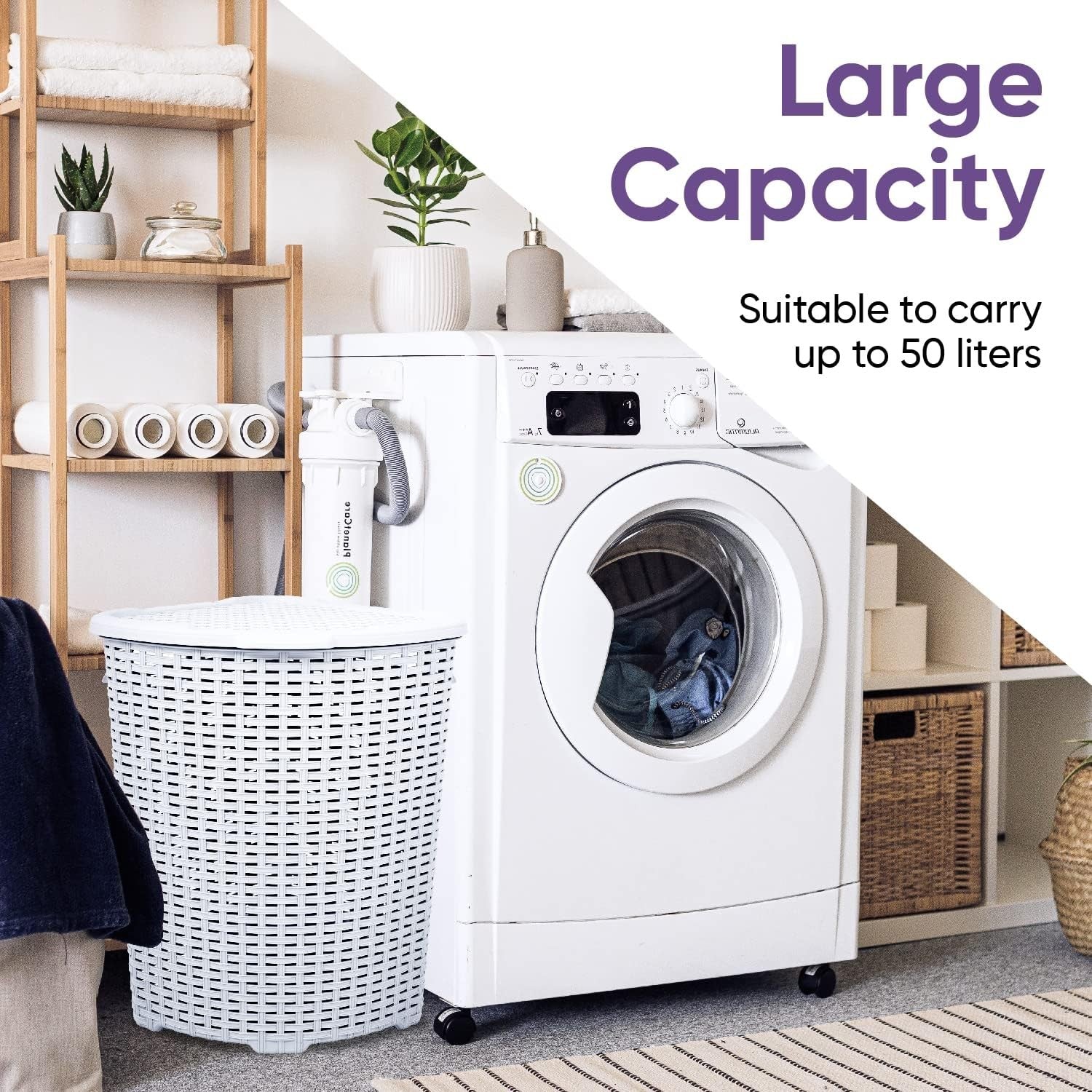 2 Pack Corner Laundry Hampers 50L White Wicker Baskets w/ Lids Space Saving