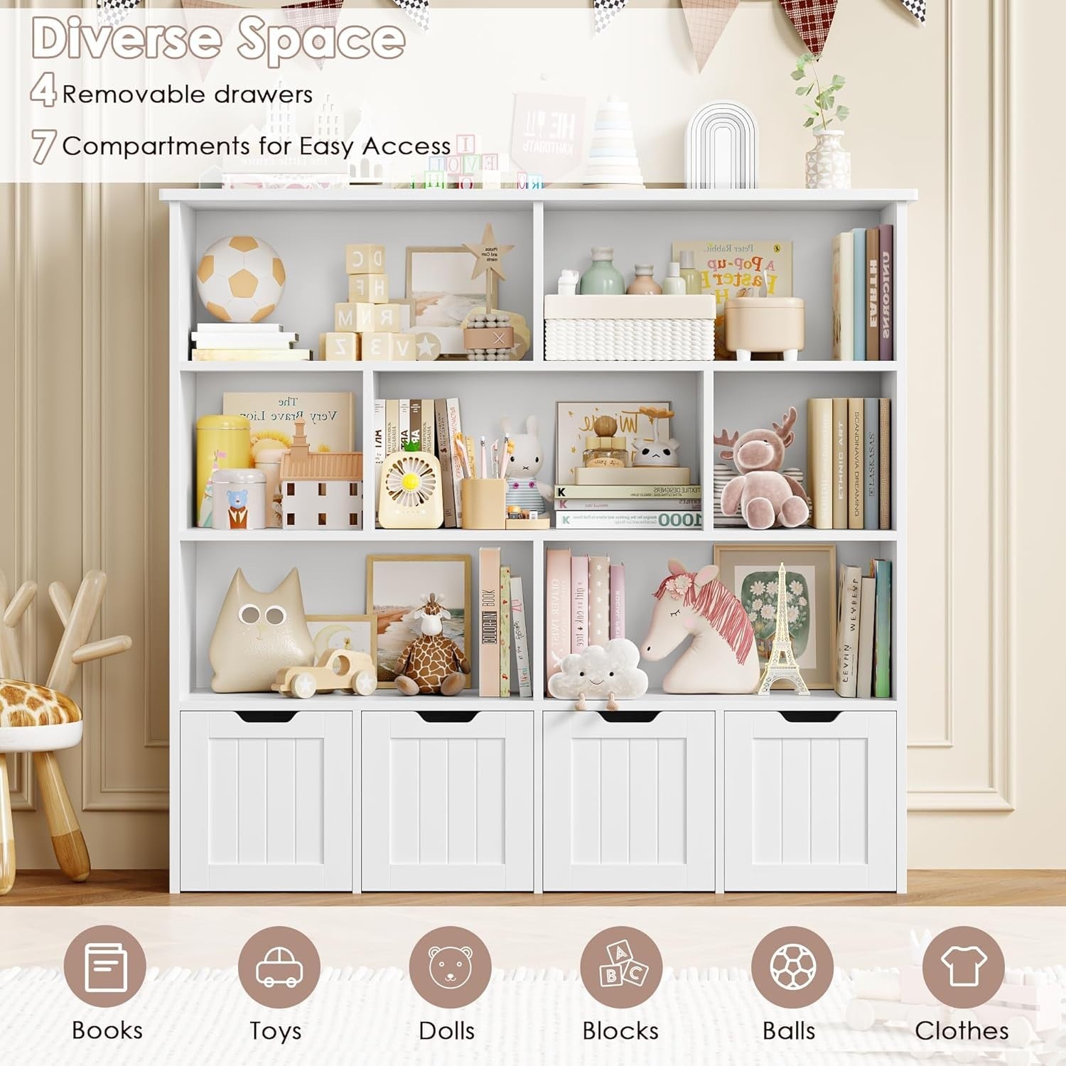 Kids Toy Storage Cabinet with Shelves 4 Drawers Nursery Playroom Organizer White