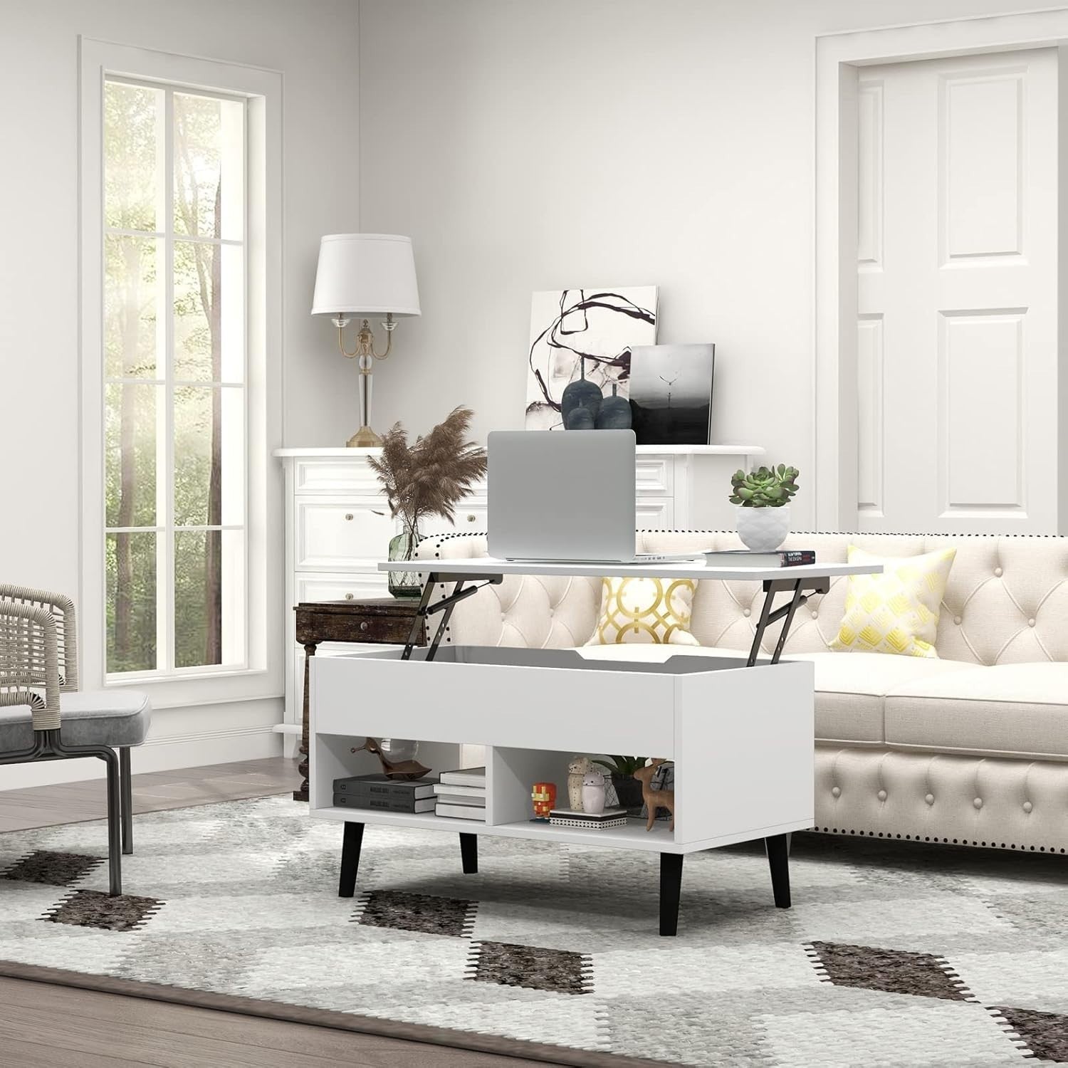 White Lift Top Coffee Table with Storage Shelf – Adjustable, 80cm Modern