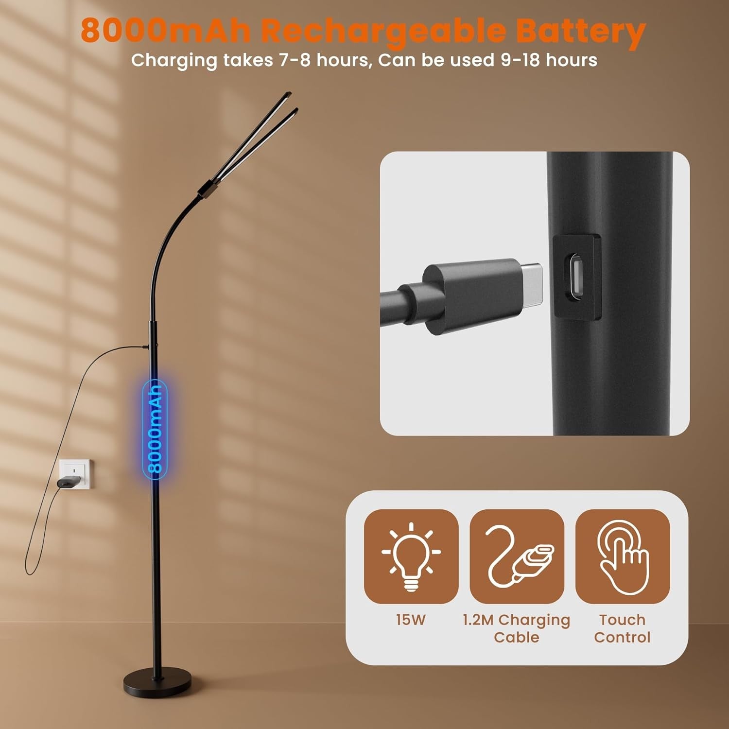 Cordless LED Floor Lamp Black Rechargeable Dual Head Dimmable Reading Light