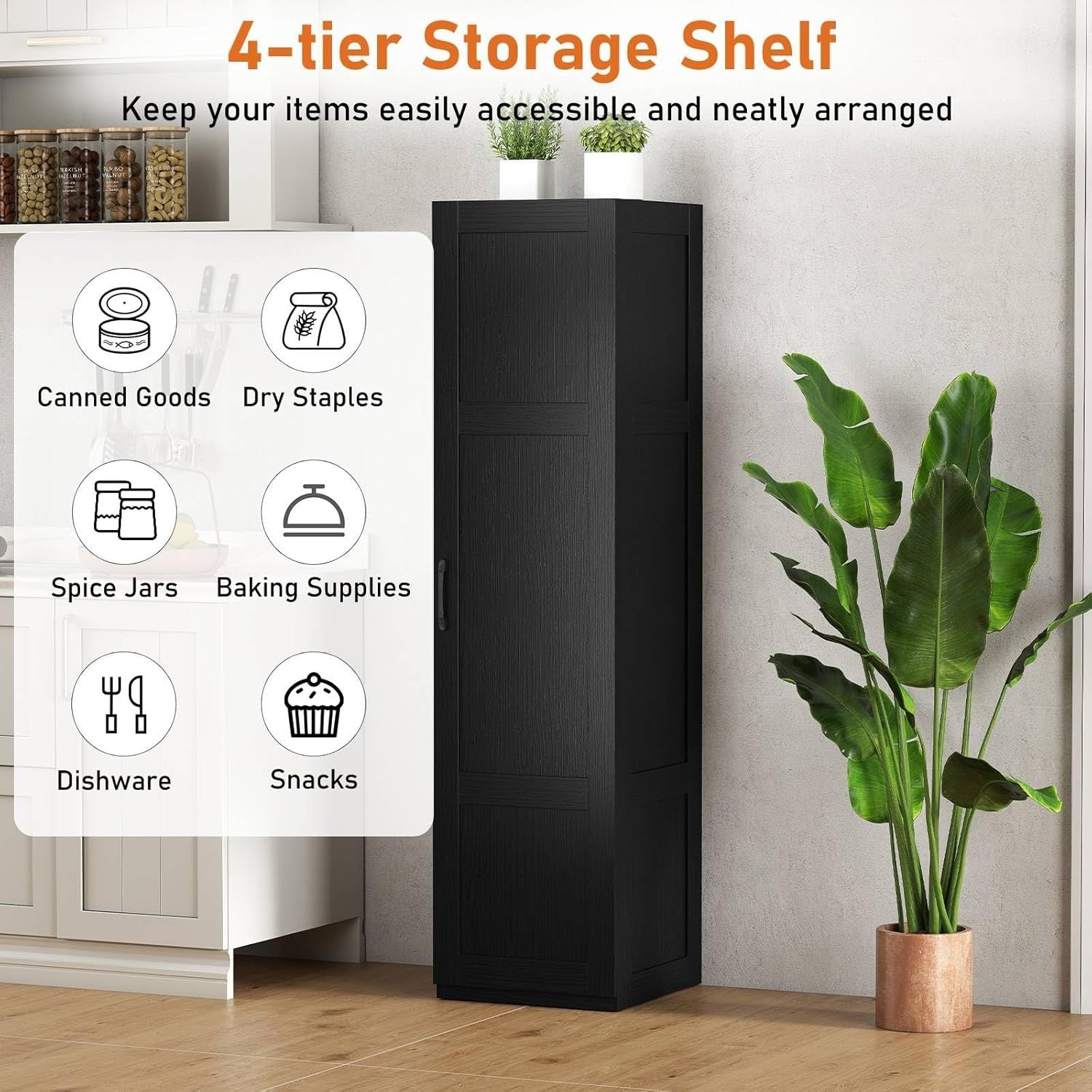 Tall Black Kitchen Cupboard 4 Tier Wooden Storage Cabinet Organizer Unit