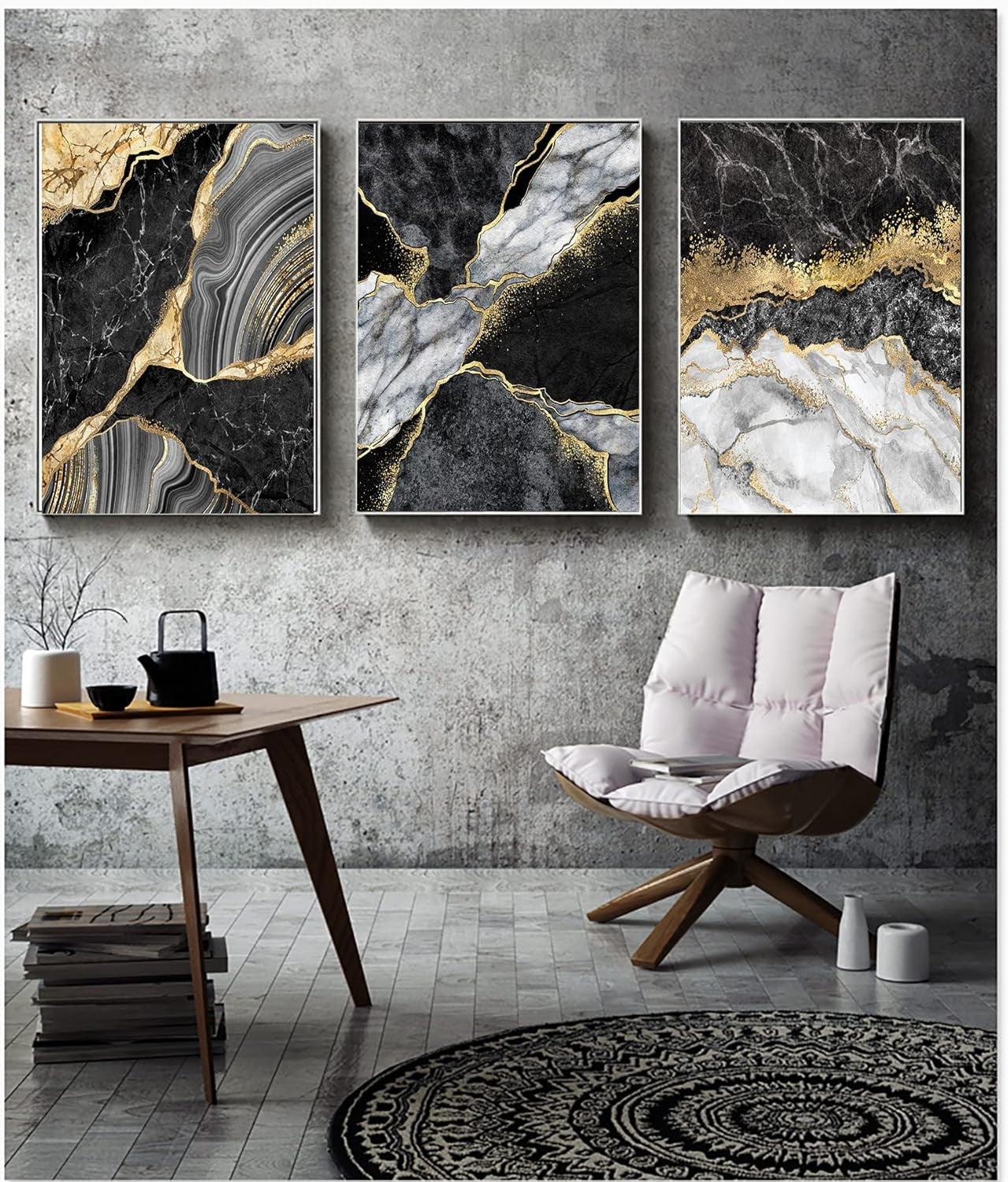 Grey Gold Marble Canvas Wall Art 3Pcs 60x90cm