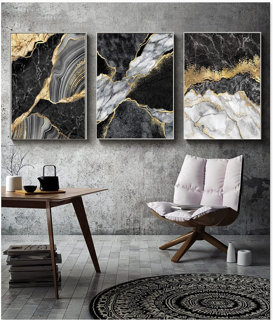 Grey Gold Marble Canvas Wall Art 3Pcs 60x90cm